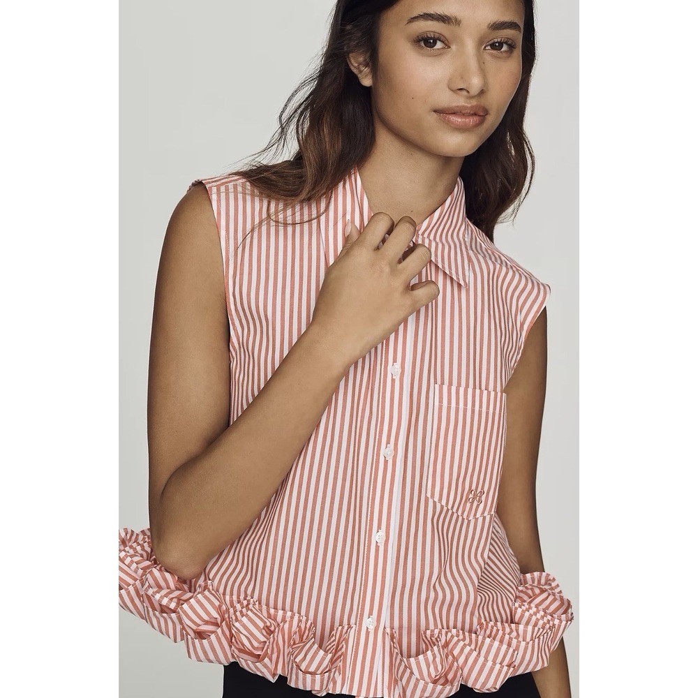 Anthropologie Maeve Top 100% Cotton Ruffled Buttondown Shirt Sleeveless Medium